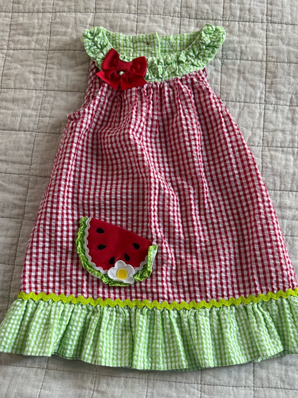 Emily Rose Red Gingham Dress with Watermelon Appliqué and Green Trim